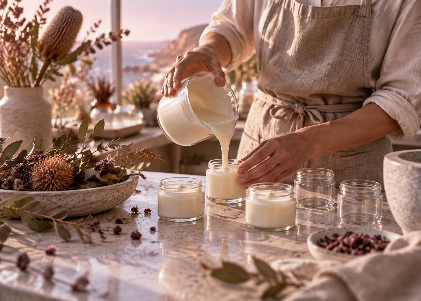 Independent maker pouring cream into small glass jars